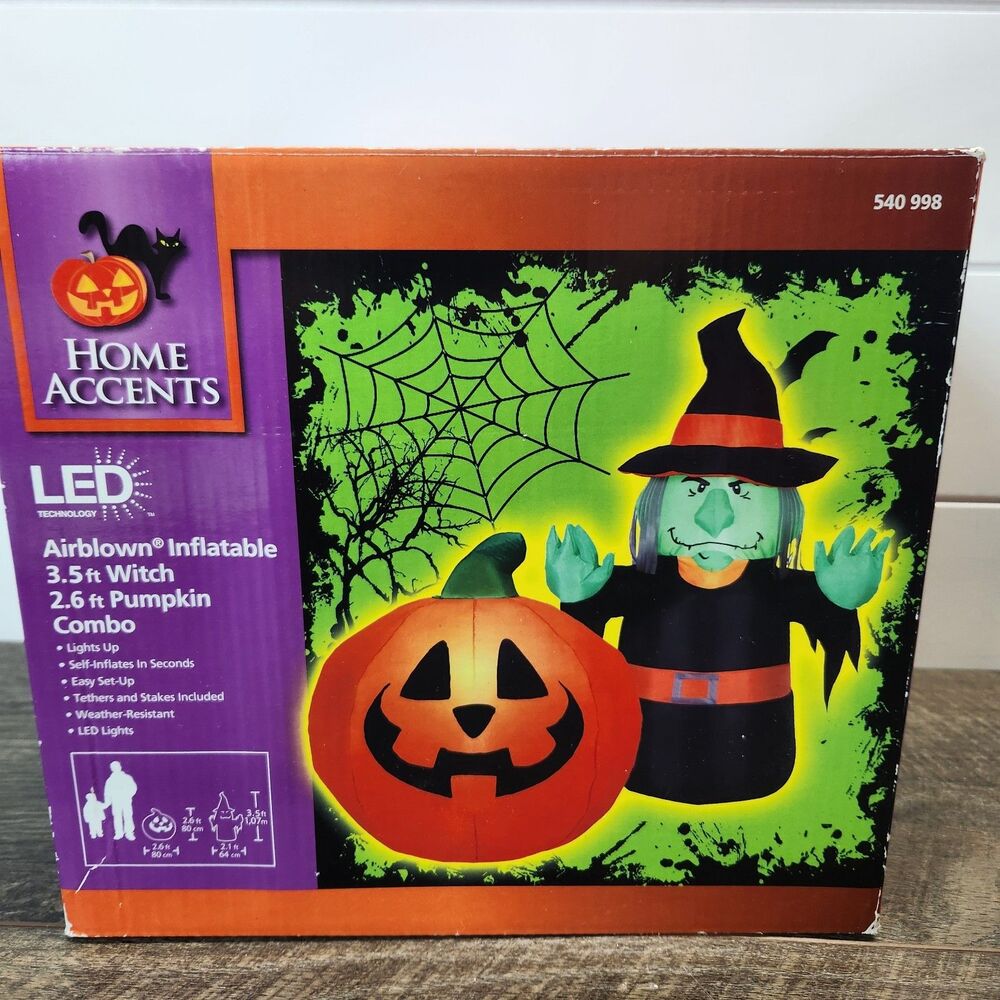 Halloween Home Accents 3.5 Ft Witch 2.6 ft Pumpkin Combo Airblown Inflatable NIB